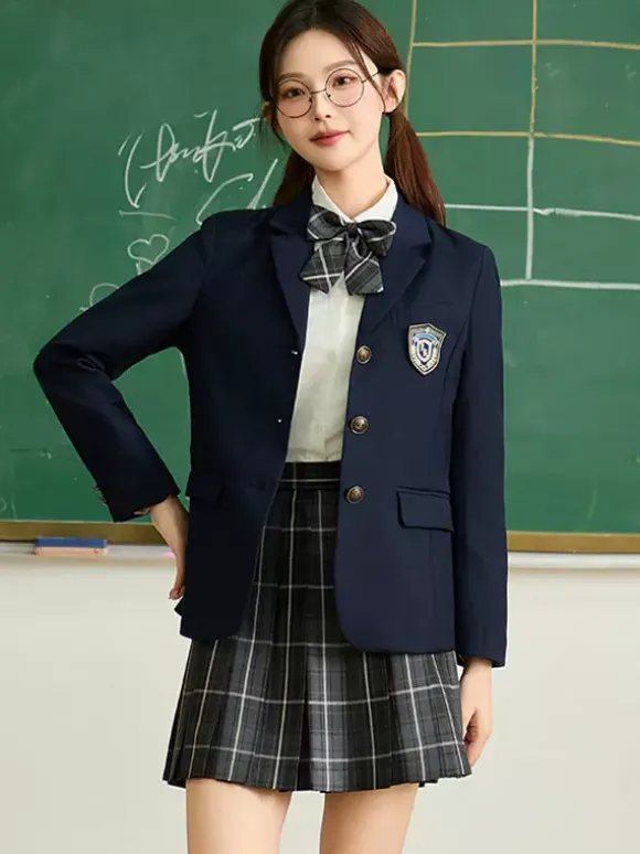 Ensemble Lolita d'uniforme scolaire japonais manteau chemise et jupe à carreaux gris à manches longues