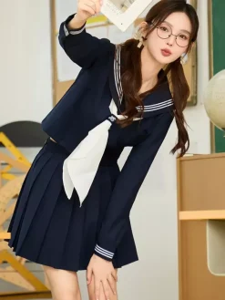 Ensemble Lolita JK d'uniforme scolaire japonais : T-shirt marin à manches longues bleu marine foncé et jupe courte