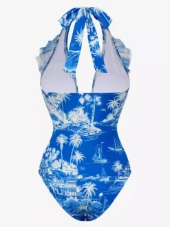 Ensemble maillot de bain bleu rétro à volants asymétriques dos nu