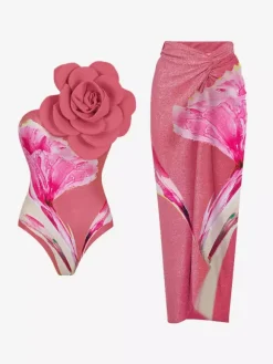 Ensemble maillot de bain deux pièces à imprimé floral pour femme - Monokini 3D à fleurs avec jupe paréo maxi - Collection été 2026