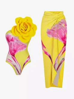 Ensemble maillot de bain deux pièces à imprimé floral pour femme - Monokini 3D à fleurs avec jupe paréo maxi - Collection été 2026