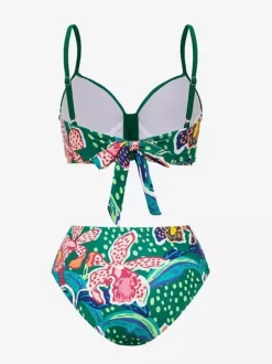 Ensemble maillot de bain et cache-maillot vert sexy à lacets et dos nu imprimé floral