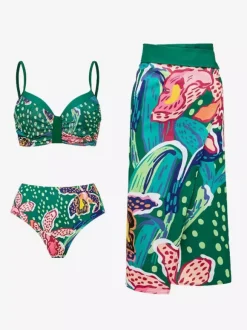 Ensemble maillot de bain et cache-maillot vert sexy à lacets et dos nu imprimé floral