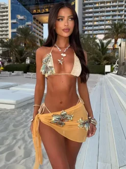 Ensemble maillot de bain et cache-maillot marron sexy à lacets et dos nu imprimé floral