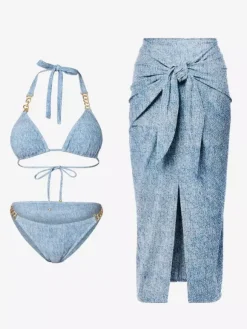 Ensemble maillot de bain et paréo bleu sexy à lacets dos nu et décolleté licou