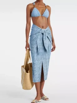 Ensemble maillot de bain et paréo bleu sexy à lacets dos nu et décolleté licou