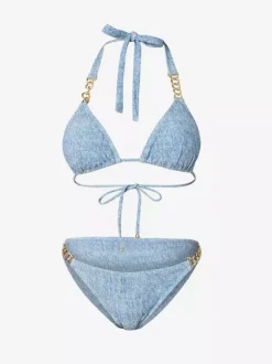 Ensemble maillot de bain et paréo bleu sexy à lacets dos nu et décolleté licou