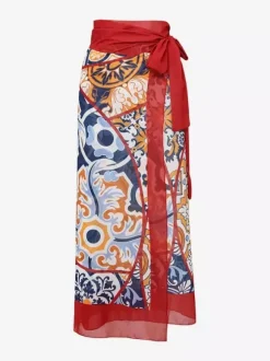 Ensemble maillot de bain et paréo rouge sexy à lacets dos nu imprimé floral et col en V