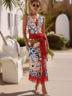 Ensemble maillot de bain et paréo rouge sexy à lacets dos nu imprimé floral et col en V