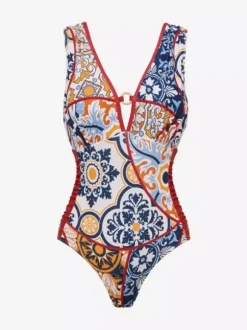 Ensemble maillot de bain et paréo rouge sexy à lacets dos nu imprimé floral et col en V