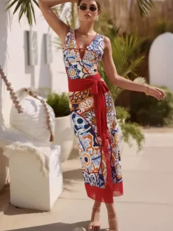 Ensemble maillot de bain et paréo rouge sexy à lacets dos nu imprimé floral et col en V