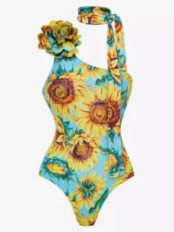 Ensemble maillot de bain jaune sexy à imprimé floral asymétrique et décolleté asymétrique