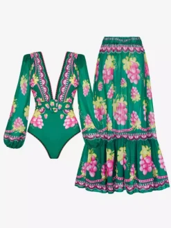 Ensemble maillot de bain manches longues pour femme - Monokini vert imprimé fruits à décolleté plongeant et jupe longue ceinturée - Collection été 2026