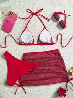 Ensemble maillot de bain 3 pièces simple bikini et mini-jupe transparente pour l'été 2026