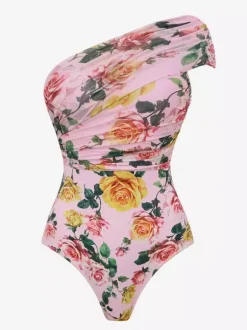 Ensemble maillot de bain rose sexy à imprimé floral asymétrique et décolleté asymétrique