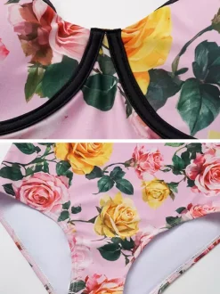 Ensemble maillot de bain rose sexy à imprimé floral bretelles et décolleté
