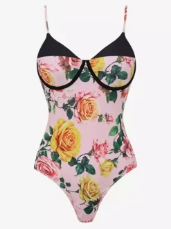 Ensemble maillot de bain rose sexy à imprimé floral bretelles et décolleté