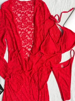 Ensemble maillot de bain rouge sexy en dentelle ajourée décolleté en V manches longues cache-maillot soutien-gorge dos nageur