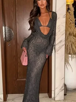 Ensemble maillot de bain rouge sexy en dentelle ajourée décolleté en V manches longues cache-maillot soutien-gorge dos nageur