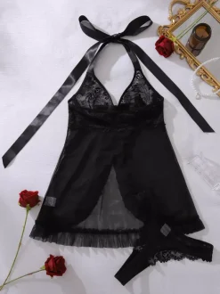 Ensemble nuisette babydoll en dentelle transparente à volants et grand n艙ud col licou