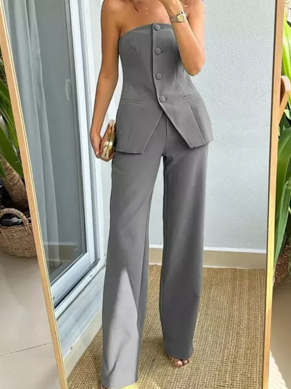 Ensemble Pantalon Noir Chic Quotidien Décontracté Boutons Polyester