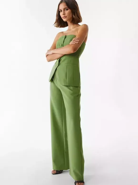 Ensemble Pantalon Noir Chic Quotidien Décontracté Boutons Polyester
