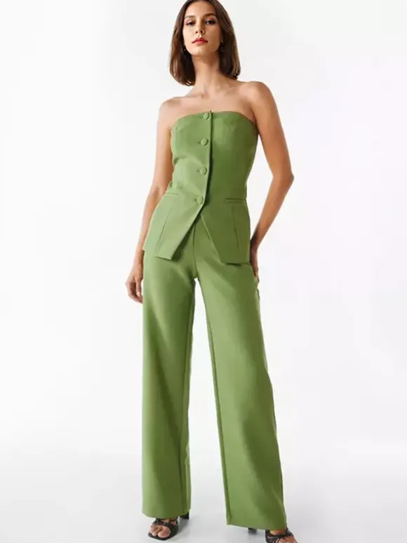 Ensemble Pantalon Noir Chic Quotidien Décontracté Boutons Polyester