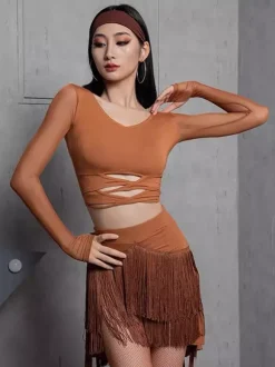Ensemble 2 pièces de danse latine pour femmes haut transparent à manches longues et jupe à pompons jupe de salsa et de tango