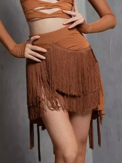 Ensemble 2 pièces de danse latine pour femmes haut transparent à manches longues et jupe à pompons jupe de salsa et de tango