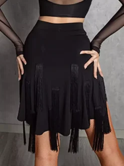 Ensemble 2 pièces de danse latine pour femmes haut transparent à manches longues et jupe à pompons jupe de salsa et de tango