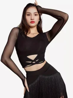 Ensemble 2 pièces de danse latine pour femmes haut transparent à manches longues et jupe à pompons jupe de salsa et de tango