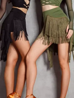 Ensemble 2 pièces de danse latine pour femmes haut transparent à manches longues et jupe à pompons jupe de salsa et de tango