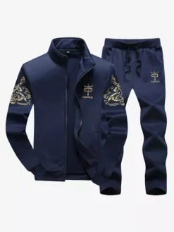 Ensemble 2 pièces de vêtements de sport pour hommes à manches longues et à col bijou  tenue de sport bleu marine foncé