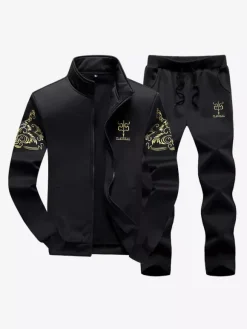 Ensemble 2 pièces de vêtements de sport pour hommes à manches longues et à col bijou  tenue de sport bleu marine foncé