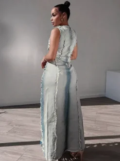 Ensemble 2 pièces en denim délavé pour femme - Jupe longue fendue déchirée style vintage et crop top - Tenue de festival d'été 2026