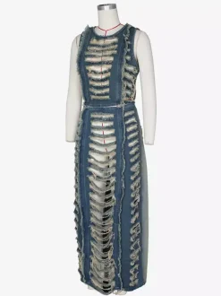 Ensemble 2 pièces en denim délavé pour femme - Jupe longue fendue déchirée style vintage et crop top - Tenue de festival d'été 2026