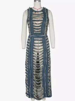 Ensemble 2 pièces en denim délavé pour femme - Jupe longue fendue déchirée style vintage et crop top - Tenue de festival d'été 2026