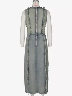 Ensemble 2 pièces en denim délavé pour femme - Jupe longue fendue déchirée style vintage et crop top - Tenue de festival d'été 2026