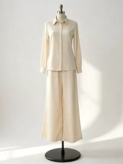 Ensemble 2 pièces en lin et coton pour femme - Chemise élégante à manches longues et ceinture et pantalon large - Style été 2026