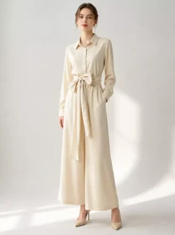 Ensemble 2 pièces en lin et coton pour femme - Chemise élégante à manches longues et ceinture et pantalon large - Style été 2026