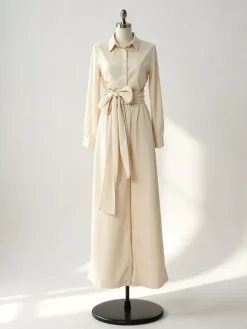 Ensemble 2 pièces en lin et coton pour femme - Chemise élégante à manches longues et ceinture et pantalon large - Style été 2026