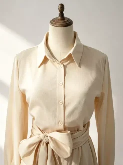 Ensemble 2 pièces en lin et coton pour femme - Chemise élégante à manches longues et ceinture et pantalon large - Style été 2026