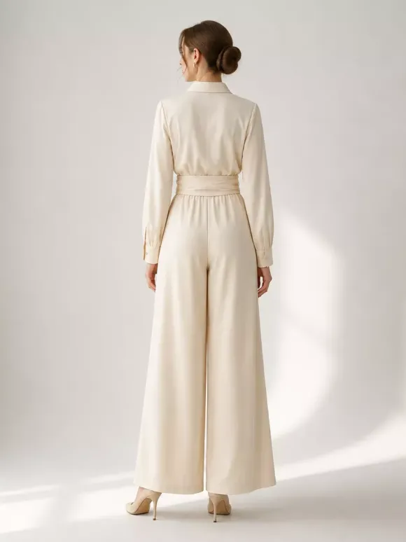 Ensemble 2 pièces en lin et coton pour femme - Chemise élégante à manches longues et ceinture et pantalon large - Style été 2026