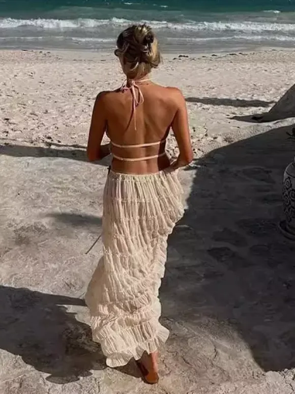 Ensemble 2 pièces haut court texturé à col licou et jupe longue pour la plage 2026