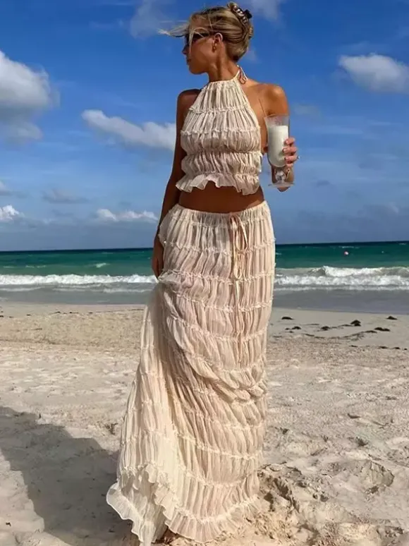 Ensemble 2 pièces haut court texturé à col licou et jupe longue pour la plage 2026
