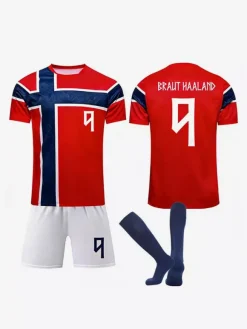 Ensemble 3 pièces maillot domicile de l'équipe nationale de Norvège de football 2026 : n° 9 Haaland n° 10 Ødegaard
