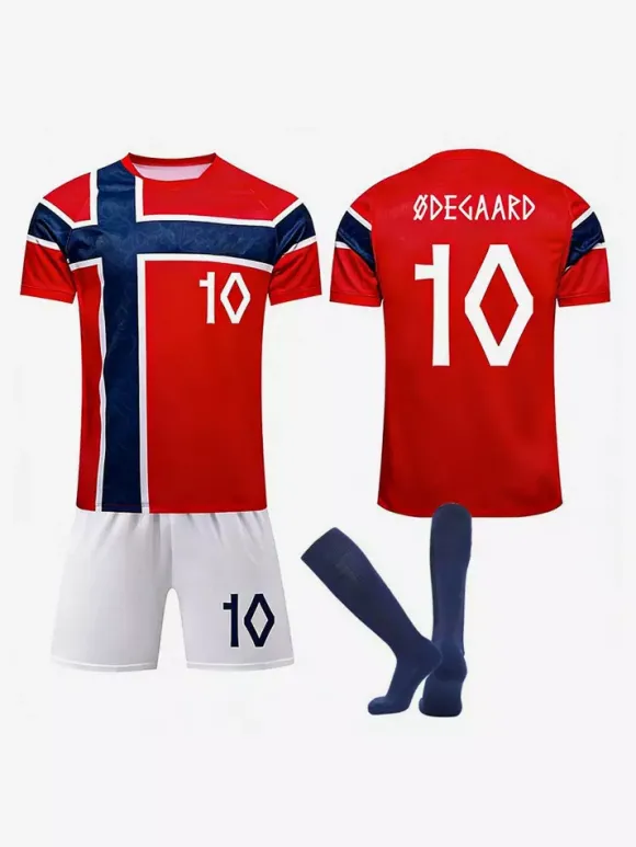 Ensemble 3 pièces maillot domicile de l'équipe nationale de Norvège de football 2026 : n° 9 Haaland n° 10 Ødegaard