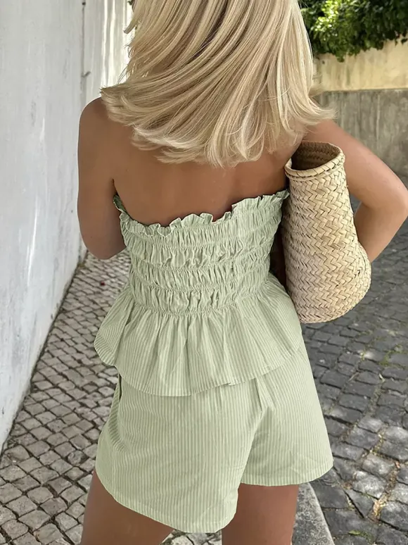 Ensemble 2 pièces : pantalon jaune plissé tenue décontractée pour tous les jours sans bretelles ni manches.