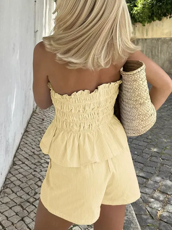 Ensemble 2 pièces : pantalon jaune plissé tenue décontractée pour tous les jours sans bretelles ni manches.