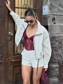 Ensemble 2 pièces à pois pour femme - Veste courte décontractée et short - Collection streetwear printemps 2026